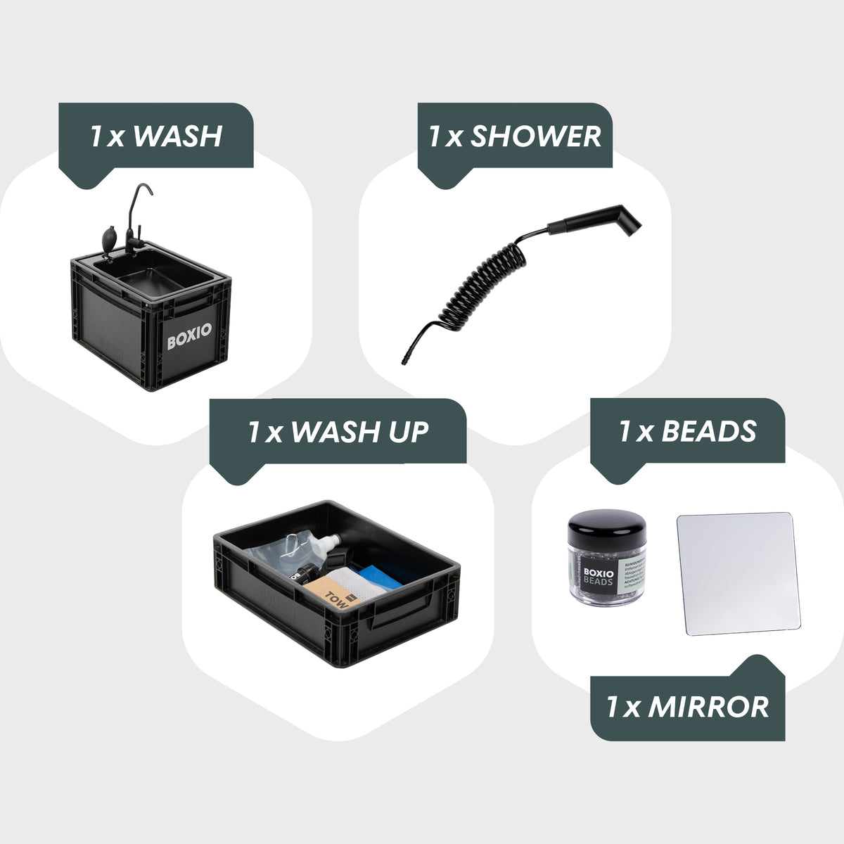 Ensemble aus verschiedenen Produkten: eine Waschstation, eine Dusche, eine Waschschale, ein Behälter mit Perlen und ein Spiegel.