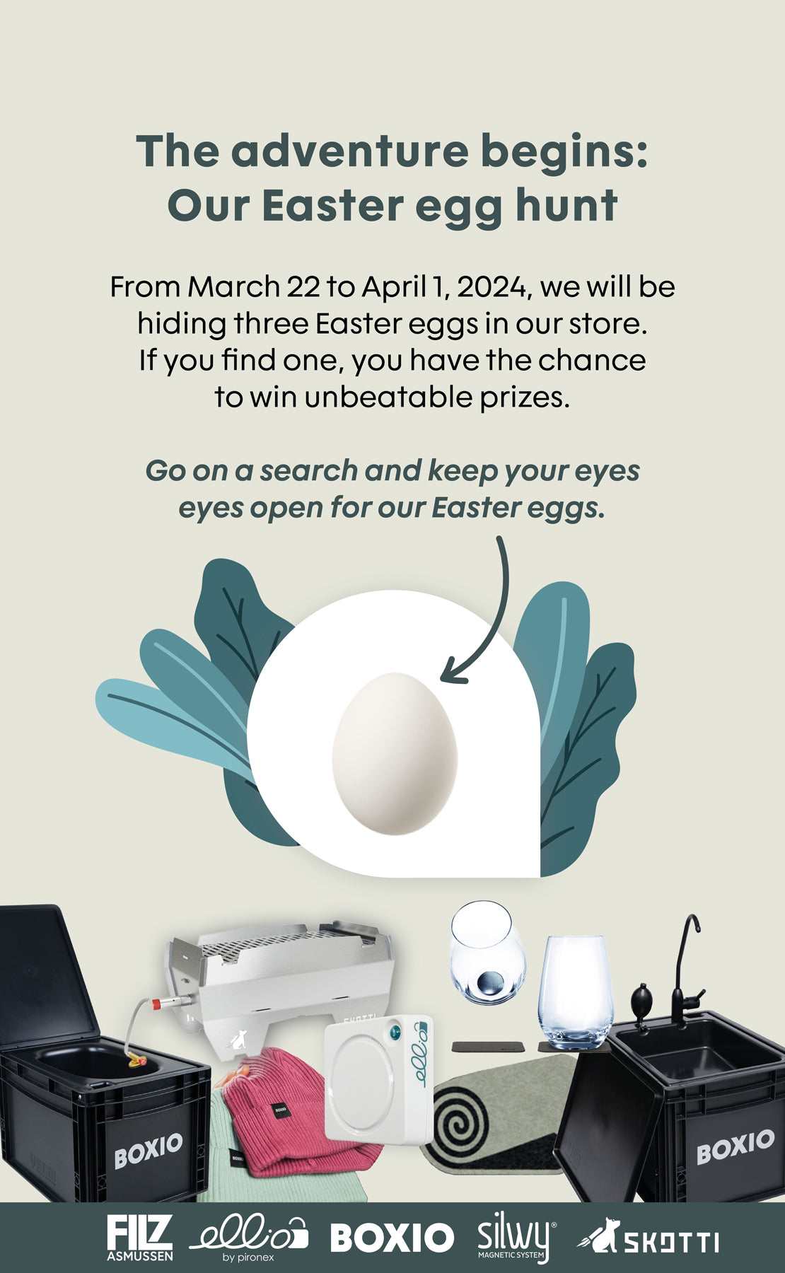 Easter Egg Hunt-Ankündigung mit Informationen zu Preisen und einem weißen Osterei vor dekorativen Blättern und Produktabbildungen.