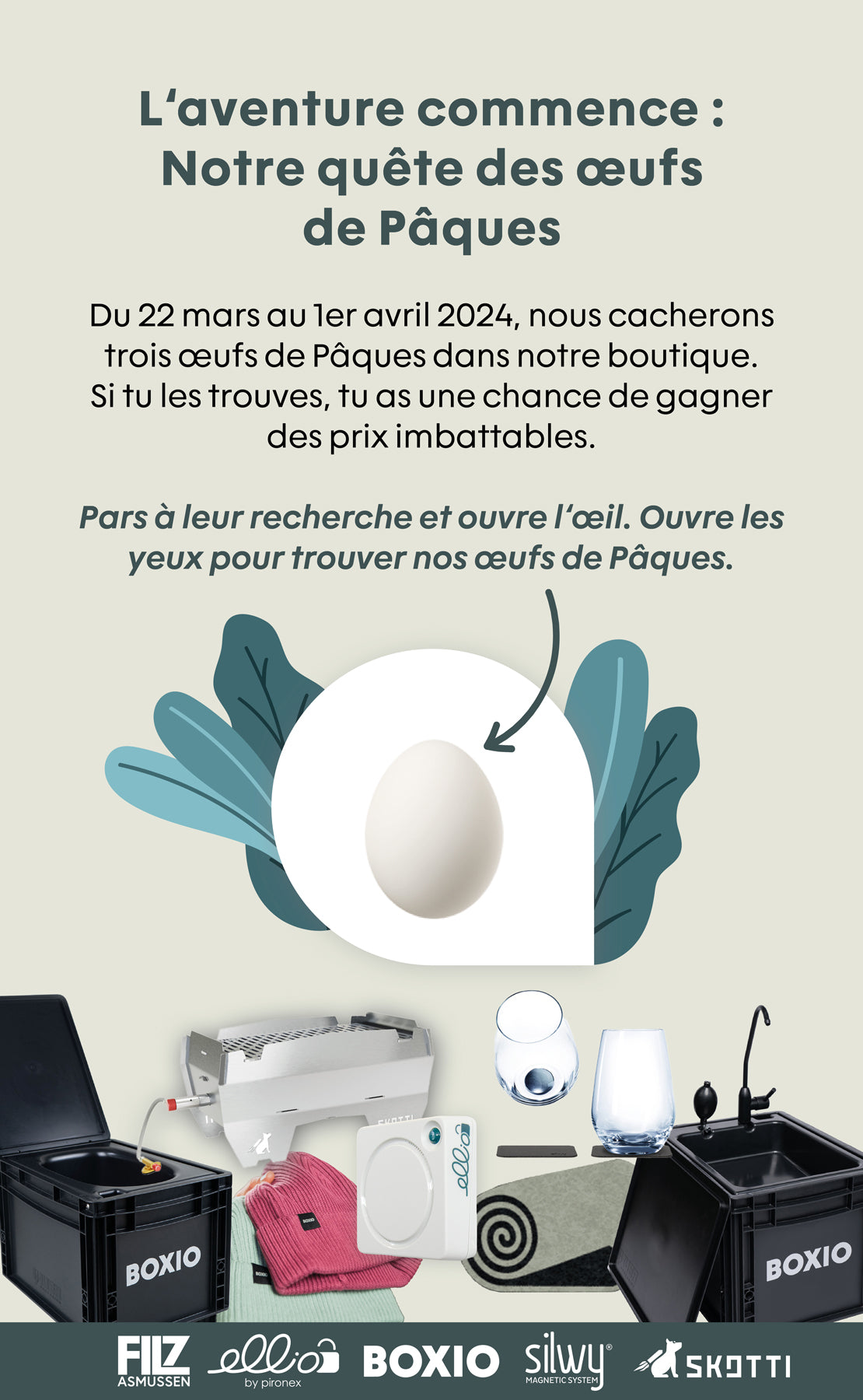 Easter-Eier-Quest-Ankündigung mit ei-Illustration und Produkten von BOXIO, FILZ, SILWY und SKOTTI.