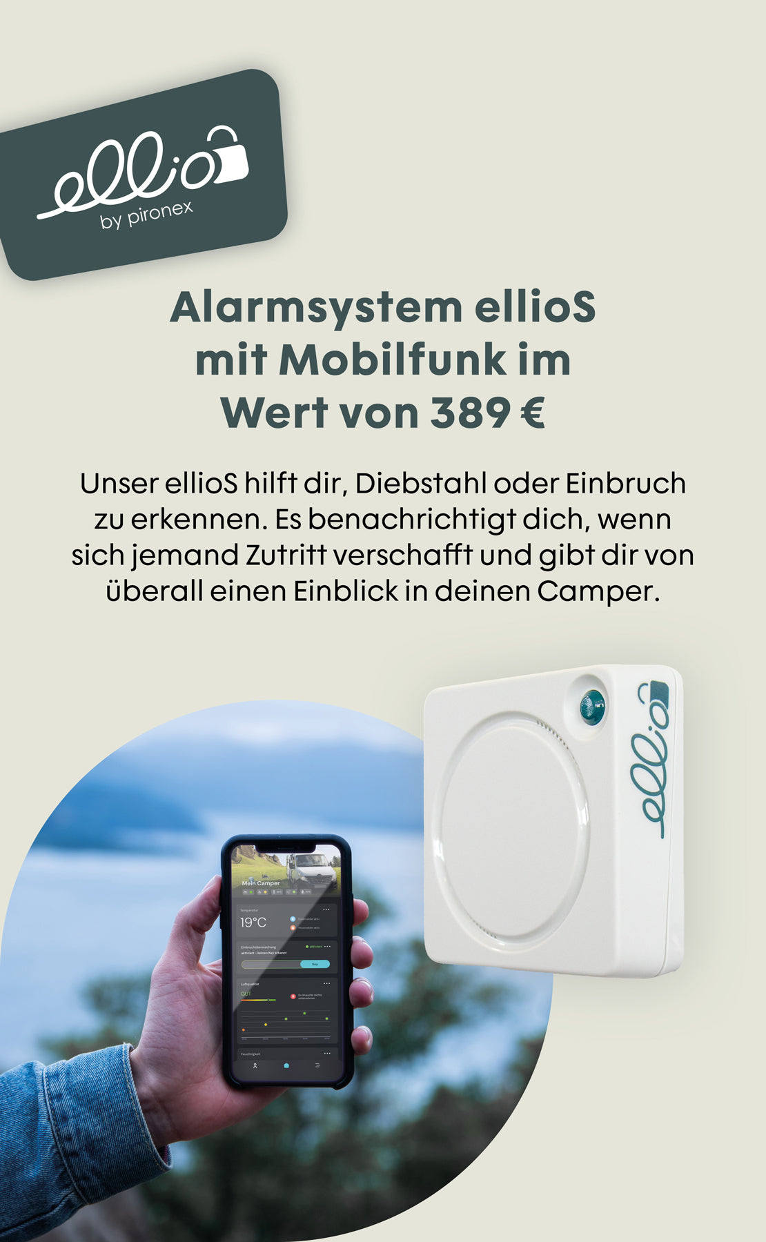 Alarmanlage ellioS mit Smartphone-App zur Überwachung eines Campers, im Hintergrund Seenlandschaft.
