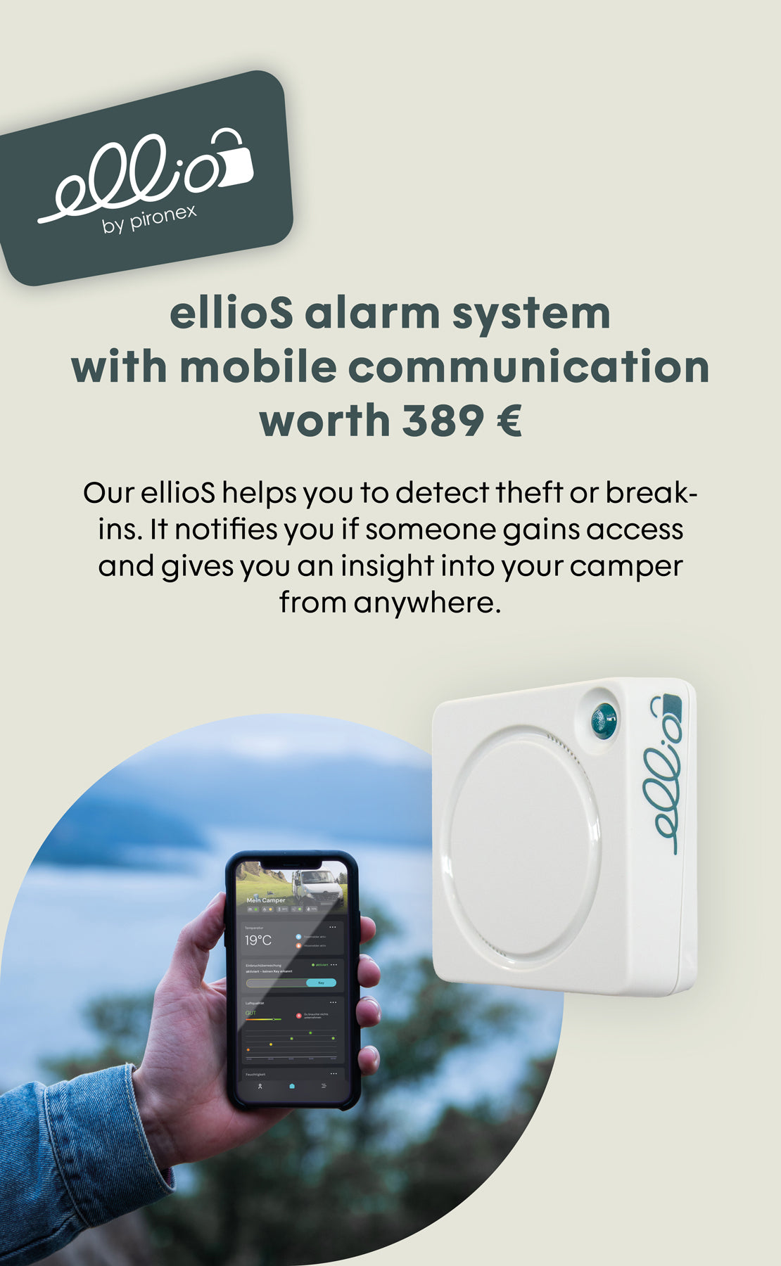 EllioS Alarmanlage für Camper zeigt mobile Kommunikationsfunktionen auf einem Smartphone mit Temperaturanzeige.