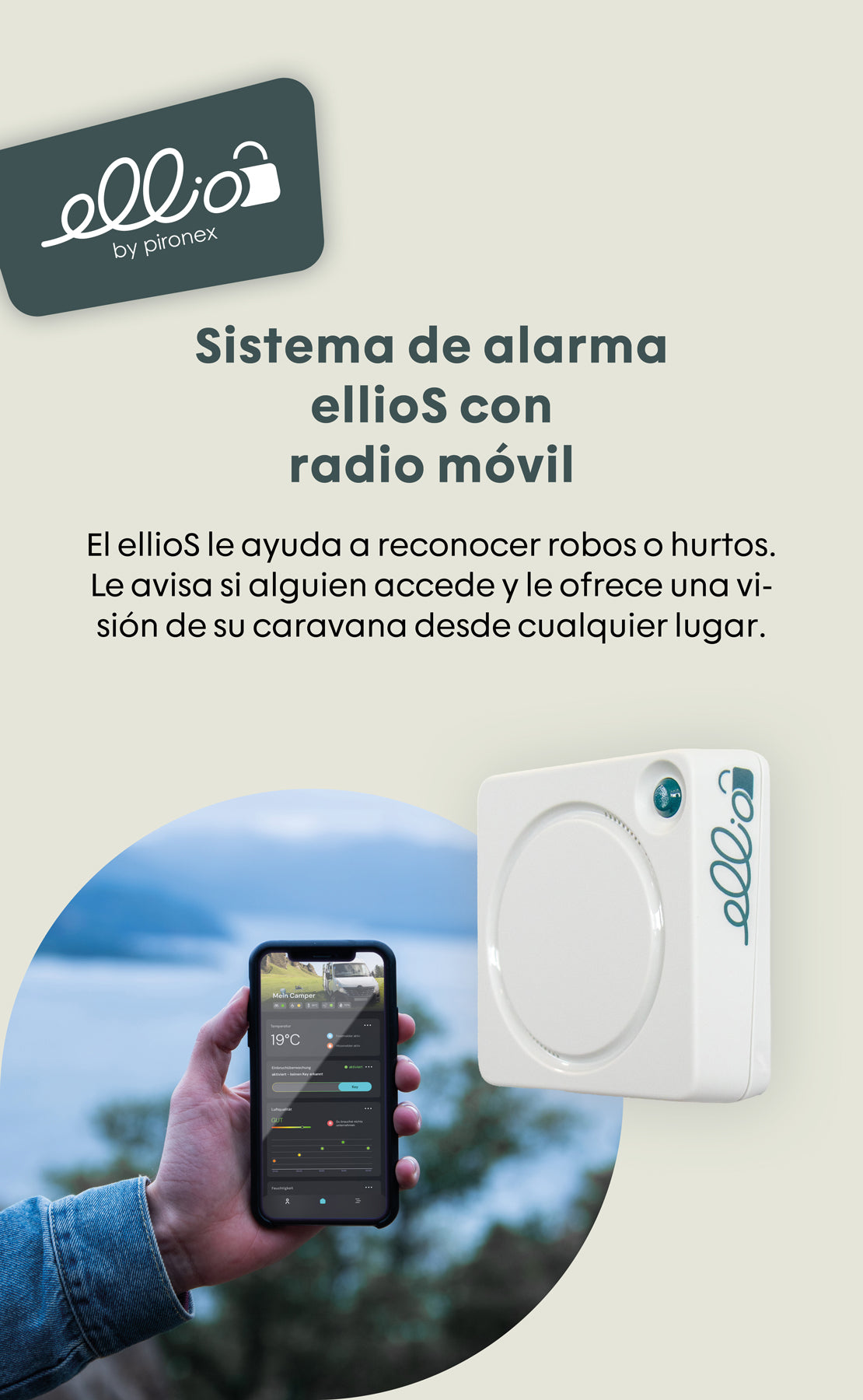 Alarmanlage ellioS mit mobilen Steuerelementen auf einem Smartphone in der Hand, im Hintergrund eine landschaftliche Szenerie.