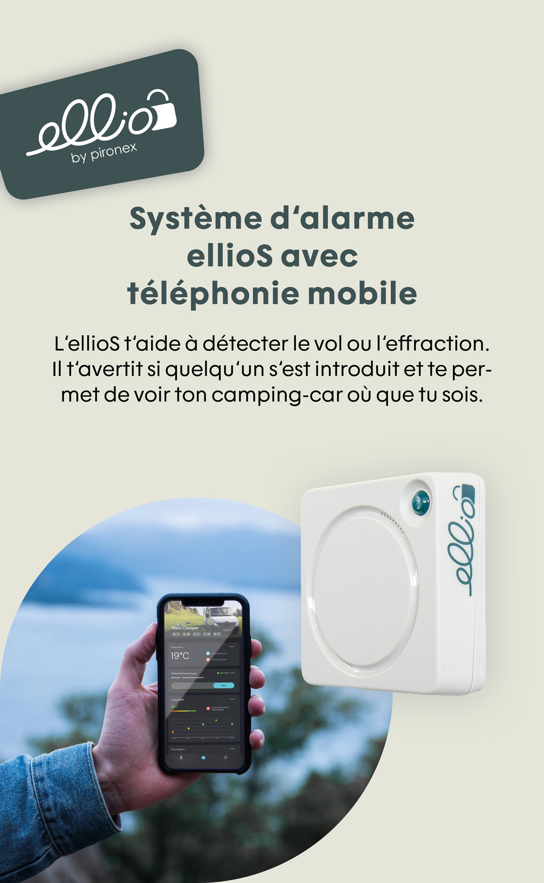 Alarmanlage ellioS mit Smartphone-Anzeige zur Überwachung eines Campingwagens und Umgebung.