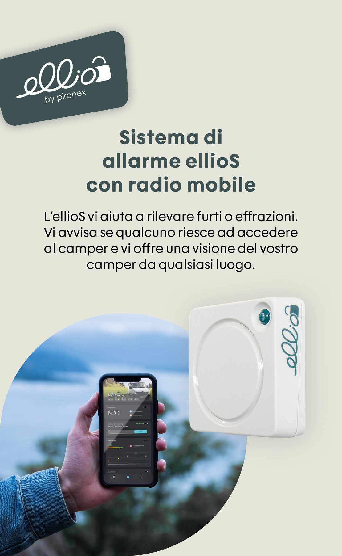 Smartphone zeigt die ellioS-App zur Überwachung von Wohnmobilen, daneben ein mobiler Alarmgeber.