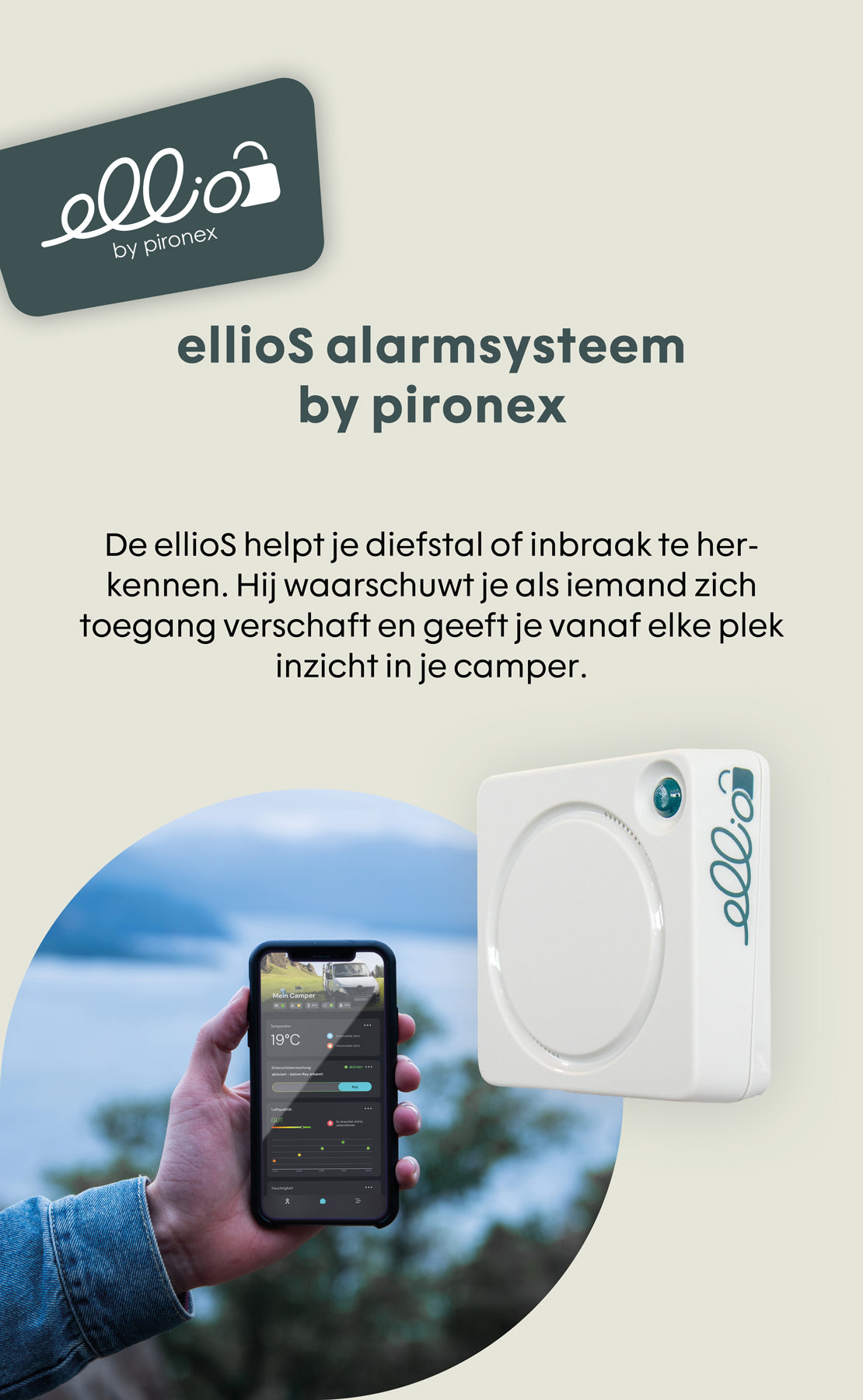 Smartphone zeigt das ellioS Alarmsystem für Camper, das Sicherheit vor Diebstahl bietet. Direkt daneben das Alarmsystem.