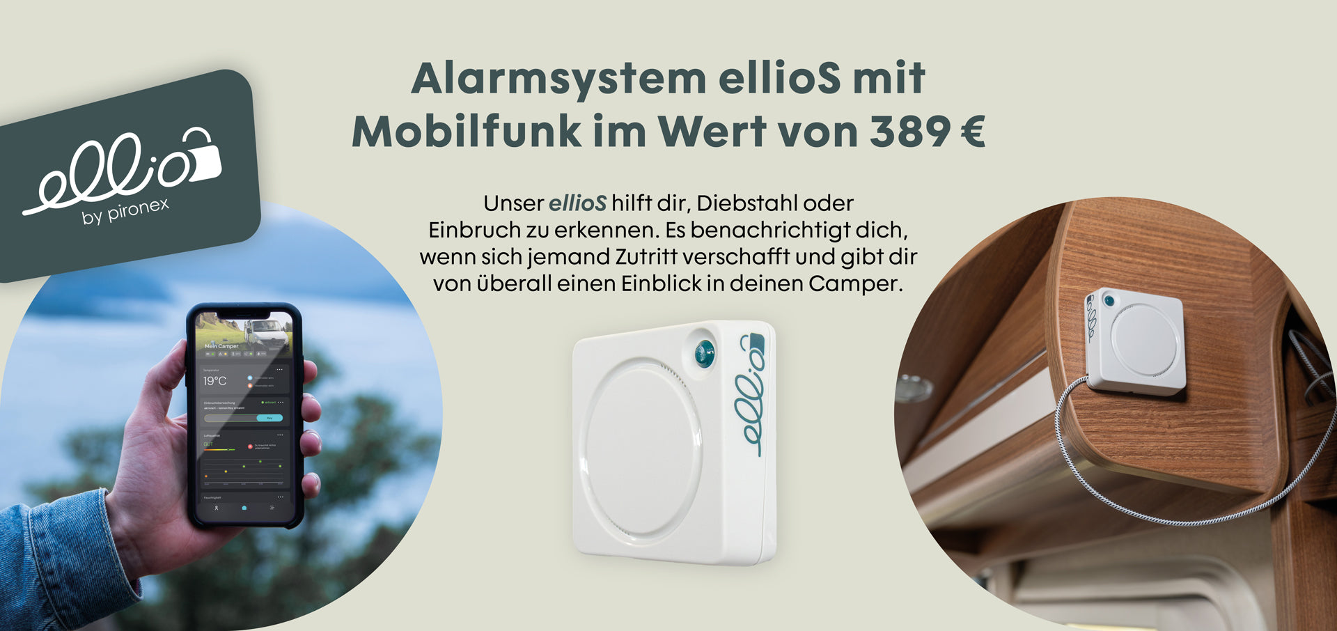 Smartphone zeigt die App des Alarmsystems ellioS, das an einem Camper montiert ist, zur Diebstahlsicherung.