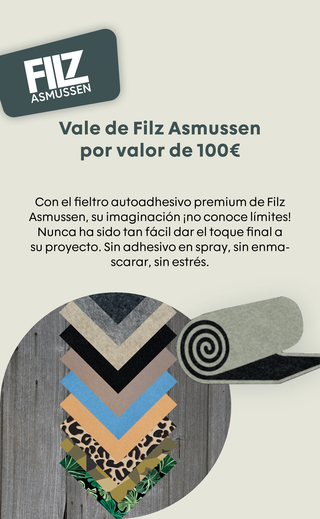 Geschenk Gutschein im Wert von 100€ für selbstklebenden Filz von Filz Asmussen, um kreative Projekte zu gestalten.