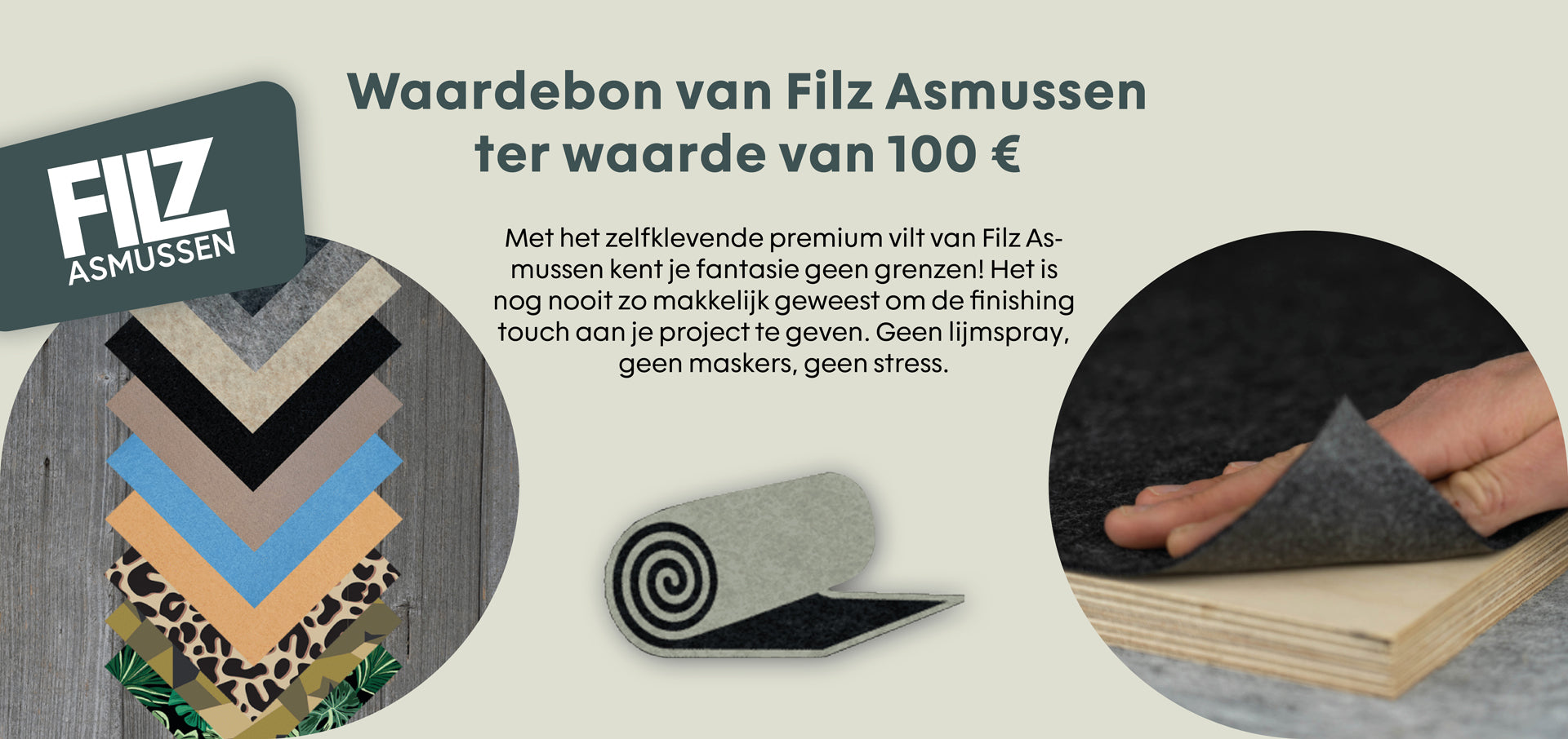 Wertgutschein von Filz Asmussen über 100 € mit verschiedenen Filzmustern und einer Hand, die Filz auf Holz drückt.