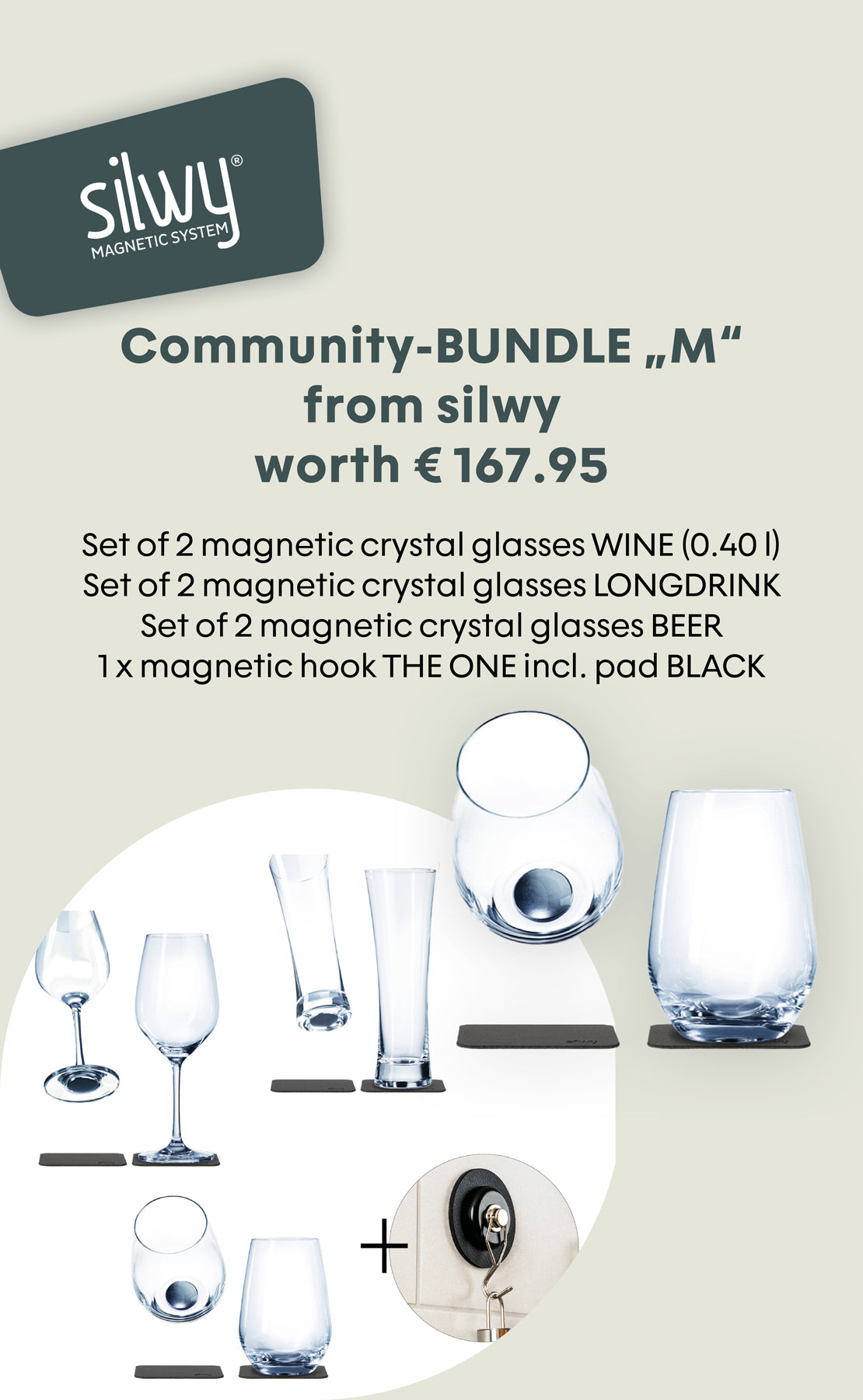 Set aus 6 glasklaren, magnetischen Kristallgläsern (Wein, Longdrink, Bier) und einem schwarzen Magnet-Haken.