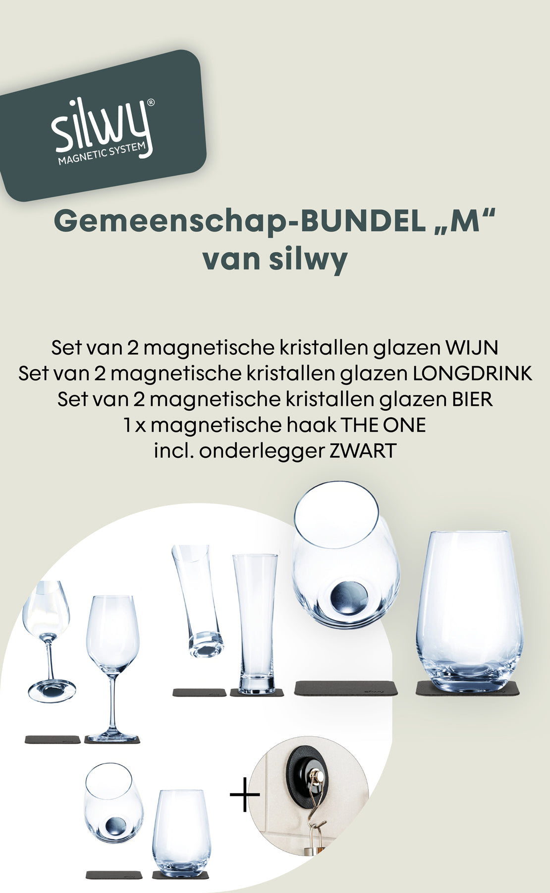 Set aus verschiedenen magnetischen Kristallgläsern für Wein, Longdrink und Bier, inklusive Unterleger und Magnet.