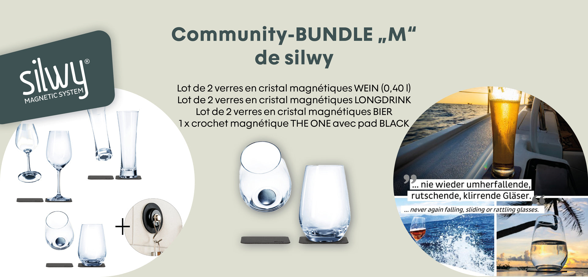 Community-Bundle „M“ von silwy mit magnetischen Gläsern für Wein, Longdrink und Bier sowie Magnet-Haken für sicheren Halt.