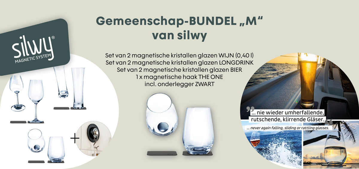 Set aus zwei magnetischen Kristallgläsern für Wein und Longdrink, Bierglas, Magnethaken und Unterleger in Schwarz.