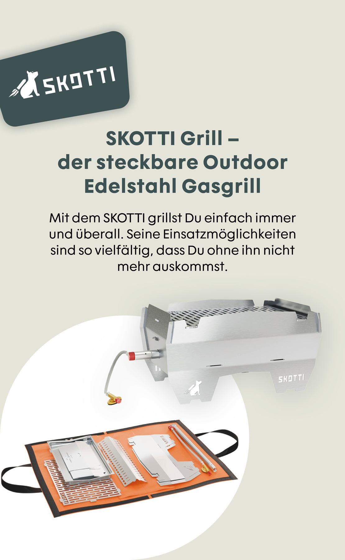 SKOTTI Grill: steckbarer Edelstahlovergasgrill mit Zubehör auf orangefarbener Unterlage. Ideal für Outdoor-Aktivitäten.