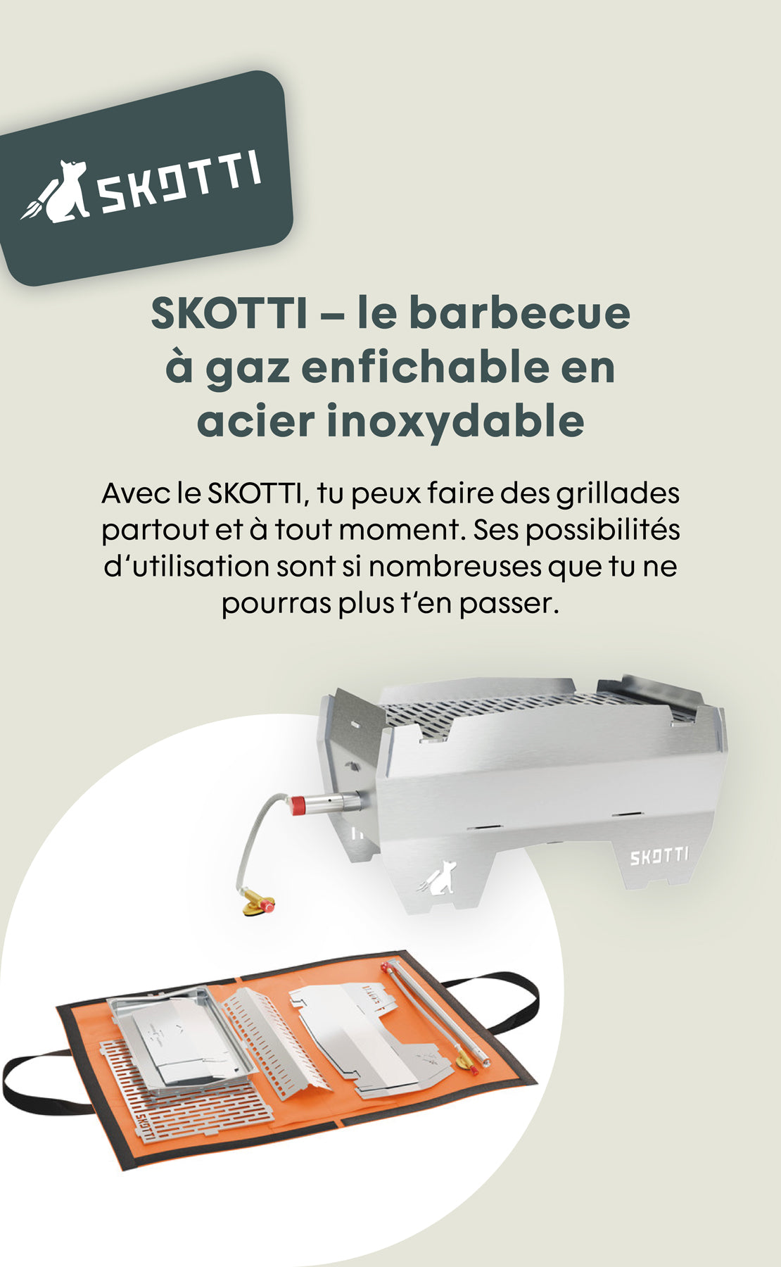 Skottti Grill aus Edelstahl mit Zubehör auf einem orangefarbenen Ablagetuch, ideal für flexibles Grillen.