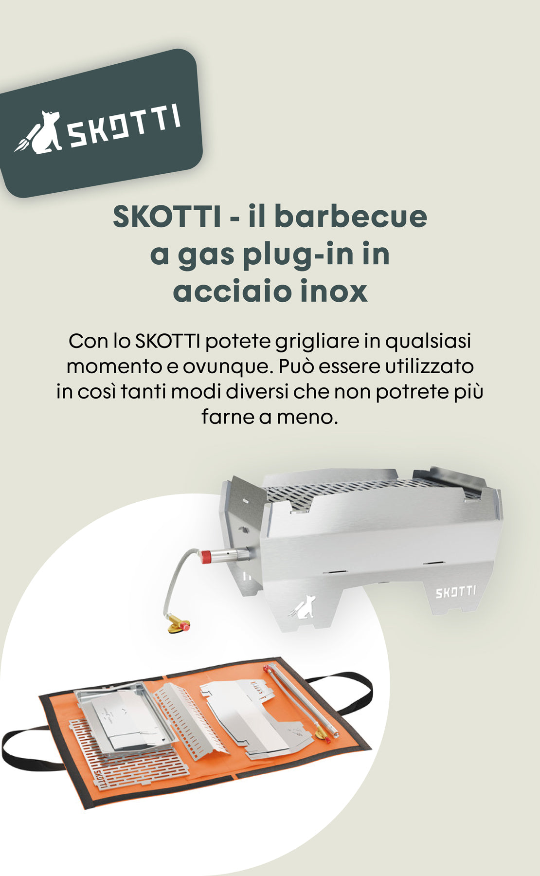 SKOTTI Gasbarbecue aus Edelstahl mit abnehmbarem Zubehör auf einer faltbaren Unterlage. Ideal für unterwegs.