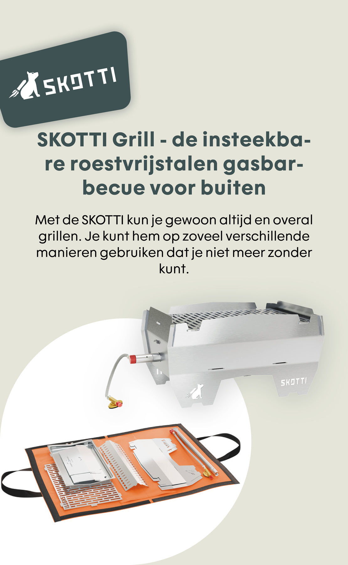 SKOTTI Grill zeigt einen tragbaren Gasgrill aus Edelstahl mit Zubehör in einer orangefarbenen Tragetasche.