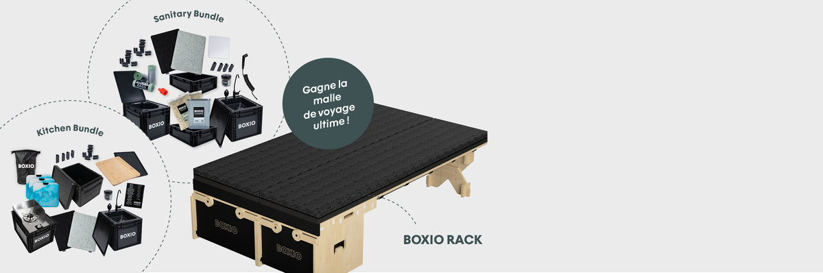 Boxio Rack mit zwei Boxen, umgeben von Küchen- und Sanitär-Bundles zur Reiseorganisation und -lagerung.