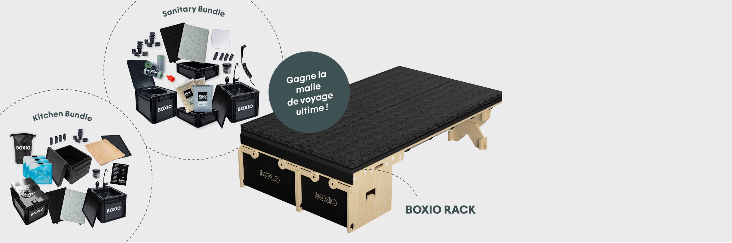 BOXIO Rack mit Zubehör und Bundles für Küche und Hygiene, grafische Darstellung mit Gewinnspielhinweis.