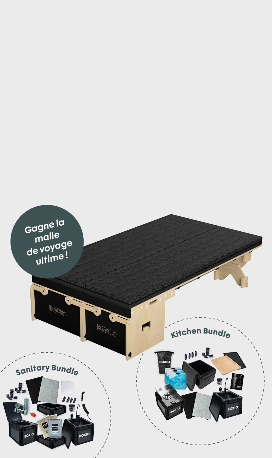 Modulares Reise-Möbelstück mit praktischen Boxen, ergänzt durch Küchen- und Sanitär-Bundles von BOXIO.