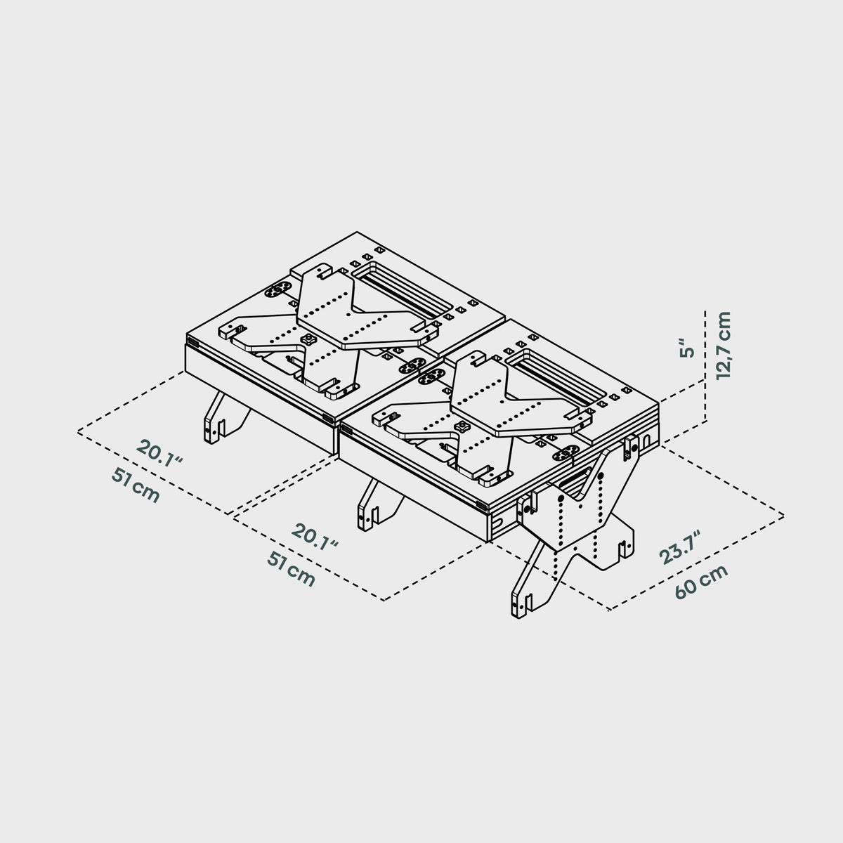 Technische Zeichnung eines Möbelstücks mit Abmessungen: 51 cm x 51 cm und 60 cm Höhe. Details zu Struktur und Design.