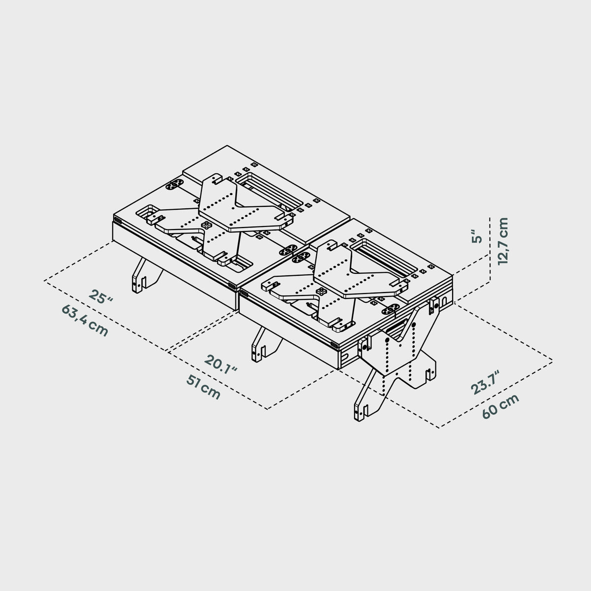 Technische Zeichnung eines Möbelstücks mit Maßen: 63,4 cm breit, 51 cm tief, 60 cm hoch und 12,7 cm dick.