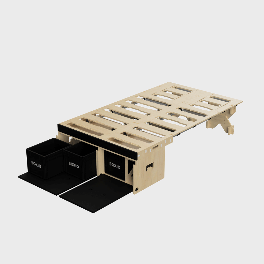 Funktionales Bettgestell aus Holz mit integrierten Aufbewahrungsboxen und schlichten Design.