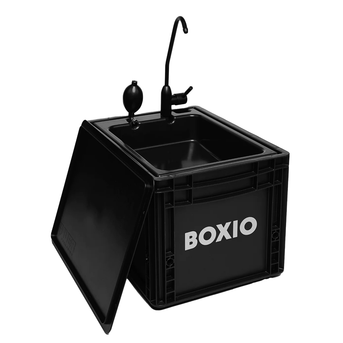 Schwarze mobile Waschstation mit Wasserhahn und Abdeckung, ideal für Outdoor-Events und Camping.