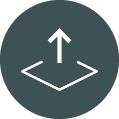Pfeil, der nach oben zeigt, in einem runden Icon mit quadratischer Fläche darunter, symbolisiert Upload-Funktion.
