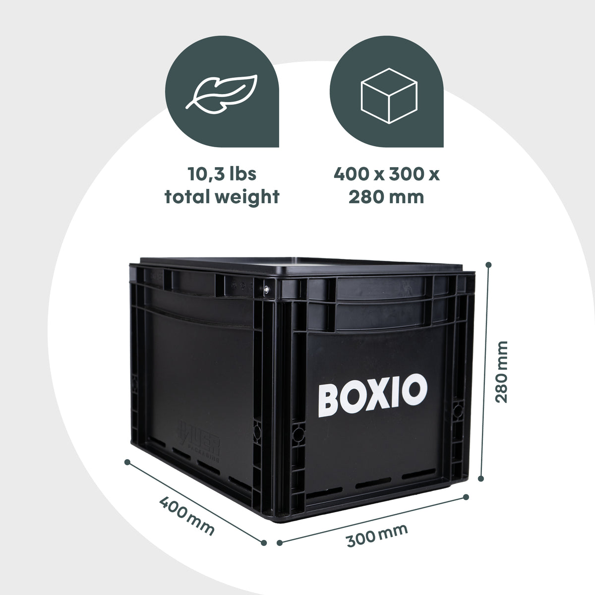Schwarze Kunststoffbox mit den Maßen 400 x 300 x 280 mm und einem Gewicht von 10,3 lbs.